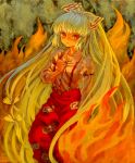  acrylic_paint_(medium) ama-tou bow fire fujiwara_no_mokou hair_bow hair_ribbon hand_on_own_chest hand_to_chest highres long_hair muted_color muted_colors pants red_eyes ribbon silver_hair solo suspenders touhou traditional_media very_long_hair 