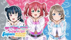  belt blue_eyes blue_hair blush brown_hair crop_top green_eyes grey_hair group_pose hair_bun hair_ornament hands_up head_tilt jacket kurosawa_ruby logo love_live! love_live!_sunshine!! midriff midriff_peek multicolored_hair multiple_girls official_alternate_costume official_alternate_hairstyle official_art one_eye_closed open_clothes open_jacket open_mouth own_hands_together pink_hair promotional_art red_hair short_twintails skirt smile stomach streaked_hair teeth tsushima_yoshiko twintails upper_teeth_only violet_eyes watanabe_you wavy_hair white_jacket yyy_(love_live!) 