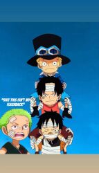 carrying carrying_person monkey_d._luffy monkey_d_luffy multiple_boys one_piece portgas_d._ace portgas_d_ace roronoa_zoro sabo_(one_piece) short_hair younger