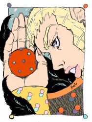  1boy ball blonde_hair commentary_request feathers gogosoftmachine hatching_(texture) highres holding holding_ball jojo_no_kimyou_na_bouken long_sleeves male_focus oekaki parted_lips pink_lips pink_nails shirt short_hair solo steel_ball_(jojo) steel_ball_run teeth tegaki violet_eyes wekapipo whiskers yellow_shirt 