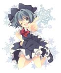  ;d bad_id bloomers blue_eyes blue_hair bowtie cirno foreshortening hair_ribbon hand_on_hip looking_at_viewer maki_(natoriumu) mary_janes open_mouth pointing ribbon shoes short_hair smile snowflakes solo touhou wink 