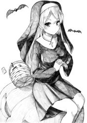  1girl absurdres armpit_cutout bag basket bat_(animal) clothing_cutout coif conte_di_cavour_(halloween)_(kancolle) conte_di_cavour_(kancolle) cross cross_necklace dress feet_out_of_frame greyscale halloween_costume highres jack-o'-lantern jewelry kantai_collection latin_cross long_hair monochrome necklace nun official_alternate_costume own_hands_clasped own_hands_together pumpkin sitting solo tsuji_kazuho 