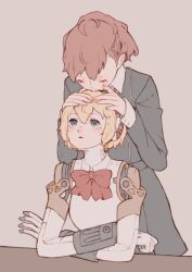  2girls aigis_(persona) android aqua_eyes arms_on_table black_jacket black_skirt blonde_hair blush bow closed_eyes cream_background crossed_arms gekkoukan_high_school_uniform hair_ornament hairclip hands_on_another's_head jacket joints kiss kissing_head looking_up multiple_girls parted_lips persona persona_3 persona_3_portable ponytail red_bow red_hair robot_ears robot_joints school_uniform shiomi_kotone short_hair simple_background skirt surprise_kiss surprised tbjj1208 wing_collar yuri 