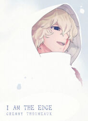  1boy black_eyes bleach bleach:_sennen_kessen-hen blonde_hair blood blood_on_face character_name commentary_request english_text gremmy_thoumeaux hair_over_one_eye male_focus nigatsumikka open_mouth smile solo upper_body white_hood 