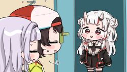  3girls :d black_jacket black_necktie black_skirt black_thighhighs blush_stickers brown_hair chibi clock collared_shirt double_bun green_shirt grey_hair hair_bun highres hololive horns indoors jacket long_hair long_sleeves mochimiko multicolored_hair multiple_girls murasaki_shion nakiri_ayame nakiri_ayame_(streetwear) necktie off_shoulder oni oozora_subaru oozora_subaru_(1st_costume) open_clothes open_door open_jacket pleated_skirt puffy_long_sleeves puffy_sleeves red_eyes red_hair shirt skirt smile standing streaked_hair striped_clothes striped_shirt sweat thigh-highs two_side_up vertical-striped_clothes vertical-striped_shirt very_long_hair virtual_youtuber wall_clock white_shirt 