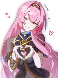  1girl black_vest blue_eyes blush breasts character_name commentary detached_sleeves gold_trim hairband head_tilt heart heart_hands large_breasts long_hair looking_at_viewer megurine_luka parted_lips pink_hair see-through_clothes see-through_shirt shirt shoulder_tattoo simple_background single_detached_sleeve sisopenpen2 smile solo tattoo upper_body vest vocaloid white_background 
