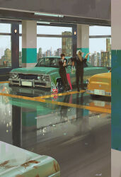  1boy 1girl bag black_hair black_necktie black_pants black_shoes black_suit chainsaw_man cityscape eating food formal_clothes full_body grocery_bag higashiyama_kobeni highres ice_cream kobeni's_car_(chainsaw_man) necktie null_(skev7724) painterly pants parking_garage plague_doctor_mask shoes shopping_bag short_hair standing suit umbrella violence_fiend_(chainsaw_man) 