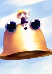  absurdres blonde_hair blue_eyes chibi flying hat hat_removed headwear_removed highres moriya_suwako open_mouth pointing pyonta role_reversal sitting_on_hat sitting_on_object solo touhou yume_shokunin 
