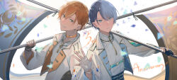  2boys aoyagi_touya belt belt_collar black_gloves blonde_hair blue_eyes blue_hair chain chain_necklace clenched_teeth collar commentary_request confetti fingerless_gloves flag gloves holding holding_flag jacket jewelry lapels long_sleeves looking_at_viewer male_focus mole mole_under_eye multicolored_hair multiple_boys necklace notched_lapels official_alternate_costume open_clothes open_jacket orange_belt orange_hair outstretched_hand project_sekai shinonome_akito short_hair smile split-color_hair streaked_hair sua_yohukashi teeth two-tone_hair upper_body white_background white_gloves 