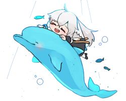  1girl arch_bishop_(ragnarok_online) black_dress black_shoes chibi chibi_only closed_eyes commentary_request datenshi_no_fu dolphin dress feathered_wings fish full_body grey_hair head_wings highres long_hair open_mouth ragnarok_masters ragnarok_online shoes simple_background smile solo white_background white_wings wings 