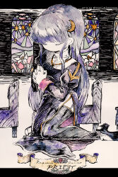  1girl akari-tkn black_shoes black_thighhighs character_name church closed_eyes commentary_request copyright_name crescent crescent_hair_ornament cross cross_necklace dress full_body garter_straps hair_ornament indoors jewelry juliet_sleeves kneeling long_hair long_sleeves necklace no_mouth own_hands_together pew praying priest_(ragnarok_online) puffy_sleeves purple_dress purple_hair ragnarok_online shoes side_slit solo stained_glass thigh-highs very_long_hair 
