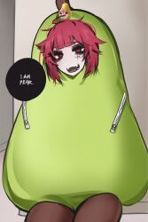  1girl ace_glitch alternate_hairstyle commentary cosplay costume cowboy_shot english_commentary english_text highres kasane_teto looking_at_viewer messy_hair open_mouth pearto pearto_(cosplay) red_eyes red_hair short_hair solo speech_bubble talking utau zipper zipper_pull_tab 