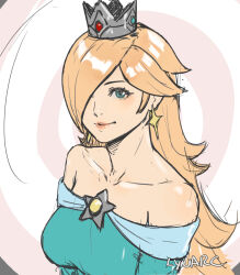  1girl aqua_dress bare_shoulders blonde_hair blue_eyes breasts brooch crown dress earrings grey_crown hair_over_one_eye highres jewelry long_hair looking_at_viewer lynarc off-shoulder_dress off_shoulder rosalina silver_crown smile solo star_(symbol) star_bit star_brooch star_earrings super_mario_bros. super_mario_galaxy 
