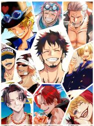  6+boys ^_^ black_hair black_suit blonde_hair blush cigar cigarette clenched_teeth closed_eyes cup donquixote_rocinante earrings facial_hair freckles goatee happy_birthday hat headband heart highres holding holding_cigarette holding_cup hood jewelry koby_(one_piece) makeup male_focus multiple_boys necklace one_piece orange_hair pearl_necklace penguin_(one_piece) pink_hair portgas_d._ace red_hair sabo_(one_piece) sanji_(one_piece) scar scar_on_face shachi_(one_piece) shanks_(one_piece) short_hair sideburns smile smoker_(one_piece) stitched_face stitches suit sunglasses teeth trafalgar_law undercut white_hair zwtpms 