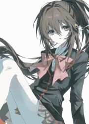  1girl bell black_jacket black_sailor_collar blazer bow bowtie brown_hair collared_shirt feet_out_of_frame gegadi hair_bell hair_ornament hashtag-only_commentary highres jacket knees_up little_busters! little_busters!_school_uniform long_hair long_sleeves looking_at_viewer miniskirt natsume_rin open_mouth pink_bow plaid_clothes plaid_skirt ponytail red_eyes red_trim sailor_collar school_uniform shirt sidelocks simple_background sitting skirt solo very_long_hair white_background white_shirt 