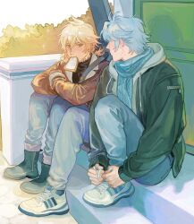  2boys black_boots black_jacket black_shirt blonde_hair blue_pants blue_scarf boots brown_jacket commentary contemporary crossed_arms denim double-parted_bangs drawstring english_commentary food food_in_mouth guitar_case hair_between_eyes honkai:_star_rail honkai_(series) hood hooded_jacket hoodie instrument_case jacket jeans lapels looking_at_another looking_to_the_side male_focus multiple_boys mydei_(honkai:_star_rail) neck_tattoo open_clothes open_hoodie open_jacket outdoors p1enon pants phainon_(honkai:_star_rail) red_tattoo scarf shirt shoelaces shoes sitting sleeve_cuffs sneakers sparkle tattoo tying_footwear white_hair white_hoodie 