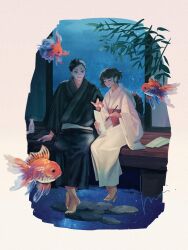 1boy 1girl absurdres architecture bamboo bamboo_leaf black_hair black_kimono calligraphy_brush closed_eyes east_asian_architecture fish floating_animal goldfish highres holding holding_calligraphy_brush holding_paintbrush japanese_clothes kimono mori_hisato original paintbrush paper pointing pointing_at_object short_hair sitting white_kimono 