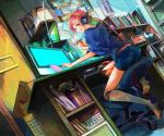  :d chair desk dutch_angle from_below hair_up headphones looking_back manpen monitor oekaki_musume office_chair open_mouth original pink_hair room shorts sitting smile solo stylus 