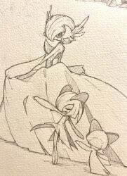  1other 2girls absurdres arm_up backless_dress backless_outfit bare_shoulders bob_cut bowl_cut closed_eyes closed_mouth commentary_request covered_eyes crossed_legs dancing dress dutch_angle elbow_gloves evolutionary_line flat_chest from_side full_body gardevoir gloves greyscale hair_over_eyes hair_over_one_eye happy highres imitating kirlia legs_together long_dress looking_at_another looking_down looking_to_the_side medium_hair mega_gardevoir mega_pokemon monochrome multiple_girls no_feet one_eye_covered open_mouth outstretched_arms pokemon pokemon_(creature) ralts short_hair sidelocks simple_background sketch smile standing strapless strapless_dress traditional_media u_u watson_cross white_background youbu_youma 