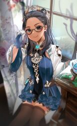  1girl adjusting_eyewear animal_ears animification beret black_hair blush breasts brown_eyes brown_thighhighs building commentary cosplay cowboy_shot curtains dress english_commentary erlenmeyer_flask flask floral_print genshin_impact glasses gloves hand_up hat highres indoors kanako_(fuwachu) leotard long_hair long_sleeves looking_at_viewer medium_breasts mondstadt_city multicolored_leotard real_life semi-rimless_eyewear sitting smile solo sucrose_(genshin_impact) sucrose_(genshin_impact)_(cosplay) table thigh-highs two-tone_leotard under-rim_eyewear valeria_rodriguez vision_(genshin_impact) voice_actor voice_actor_connection white_gloves window zettai_ryouiki 