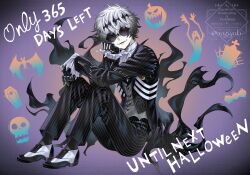  1boy aogiyuki black_crown crown diamond_hairband full_body highres looking_at_viewer male_focus pinstripe_pattern pinstripe_suit pinstripe_vest round_eyewear short_hair skeleton_print skully_j._graves smile solo striped_clothes striped_vest suit sunglasses the_nightmare_before_christmas twisted_wonderland vertical-striped_clothes vertical-striped_vest vest white_hair 