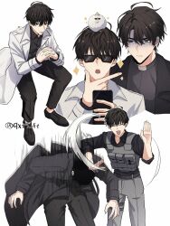  2boys animal_on_head biyoo_(omniscient_reader&#039;s_viewpoint) black_coat black_eyes black_hair black_shirt coat collared_shirt full_body grin highres holding holding_phone invisible_chair kim_dokja l_hand looking_at_another looking_at_viewer male_focus motion_lines multiple_boys multiple_views omniscient_reader&#039;s_viewpoint on_head open_clothes open_coat open_mouth own_hands_clasped own_hands_together partially_shaded_face phone popped_collar qxt7_ft selfie shirt short_hair sitting slapping smile sparkle sunglasses taking_picture vest white_coat yoo_joonghyuk 