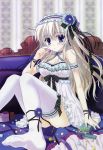  anklet armband armlet blue_eyes candy collar copyright_request cuffs eating feet hair_ribbon headdress highres jewelry long_hair nanao_naru ribbon silver_hair sitting solo thigh-highs thighhighs 