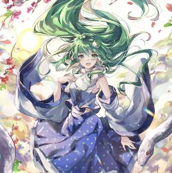  1girl :d bare_shoulders blue_skirt breasts collared_shirt detached_sleeves dot_nose double-parted_bangs feet_out_of_frame flower frilled_skirt frills frog_hair_ornament green_eyes green_hair hair_intakes hair_ornament hair_tubes highres kochiya_sanae light_blush long_hair long_sleeves looking_at_viewer medium_breasts midriff_peek nanop38 outdoors plant print_skirt shirt single_hair_tube single_sidelock skirt skirt_set sleeveless sleeveless_shirt smile snake snake_hair_ornament solo sun touhou white_snake wide_sleeves 