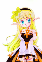  1girl arch_bishop_(ragnarok_online) black_hairband blonde_hair blue_eyes blush bow bow_hairband breasts cleavage_cutout clothing_cutout comiket_82 commentary_request cowboy_shot cross dress hairband juliet_sleeves long_hair long_sleeves looking_at_viewer open_mouth orine3 pointy_ears puffy_sleeves ragnarok_online sash simple_background small_breasts solo thick_eyebrows thigh-highs two-tone_dress very_long_hair white_background white_dress white_thighhighs yellow_bow yellow_sash 