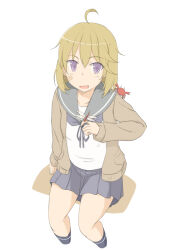  1girl ahoge bandaid bandaid_on_face black_socks blonde_hair blue_neckerchief blue_skirt blush brown_cardigan bug cardigan collarbone commentary_request crab cropped_legs dragonfly feet_out_of_frame from_above green_sailor_collar hair_between_eyes kantai_collection kneehighs kugui_kiyunemu long_sleeves looking_at_viewer medium_hair miniskirt neckerchief oboro_(kancolle) open_cardigan open_clothes open_mouth pleated_skirt sailor_collar shirt sidelocks simple_background sitting skirt sleeves_past_wrists socks solo violet_eyes white_background white_shirt 