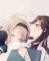  2girls black_shirt blonde_hair blush book brown_hair cellphone closed_eyes closed_mouth cuddling head_on_another&#039;s_shoulder highres holding holding_book holding_phone long_hair lying multiple_girls on_back phone saijou_claudine shirt shoujo_kageki_revue_starlight sleeping sleeping_on_person smartphone smile sweater tendou_maya violet_eyes wato_(ko) white_sweater yuri 