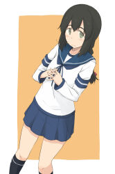  1girl anchor_symbol black_socks blue_neckerchief blue_sailor_collar blue_skirt blush border bow braid brown_hair collarbone commentary_request dutch_angle feet_out_of_frame flying_sweatdrops green_eyes hair_between_eyes hair_bow isonami_(kancolle) kantai_collection kneehighs kugui_kiyunemu layered_sleeves long_sleeves looking_at_viewer low_twin_braids miniskirt neckerchief orange_background outside_border pleated_skirt red_bow sailor_collar shirt short_over_long_sleeves short_sleeves sidelocks simple_background skirt socks solo standing thighs twin_braids white_border white_shirt 