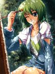  artist blue_eyes canvas_(object) forest forfreedo green_hair grin highres nature oekaki_musume original paintbrush pixiv shadow smile solo wink zipper 