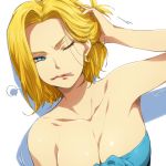  1girl bare_shoulders blonde_hair blue_eyes breasts cleavage dragon_ball dragon_ball_z dragonball_z hairu mouth_hold short_hair solo wink 
