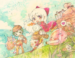  akari-tkn amistr_(ragnarok_online) bee_hat belt_pouch blue_sky boots bow brown_boots brown_cape brown_pants cape closed_mouth clouds commentary_request creator_(ragnarok_online) dandelion day flower full_body fur-trimmed_boots fur_trim green_eyes green_hair hair_bow heart long_hair looking_at_viewer looking_back open_mouth outdoors pants pointy_ears poring potion pouch pullcart ragnarok_online red_bow red_cape sack shirt short_hair sky sleeveless sleeveless_shirt smile spoken_heart standing vanilmirth_(ragnarok_online) vial white_flower white_hair white_shirt 