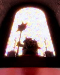  1other absurdres cape chesnaught claws closed_mouth forehead_protector furry highres holding holding_weapon mega_chesnaught mega_pokemon pokemon pokemon_(creature) pokemon_focus pokemon_legends:_z-a rivalclay shield sitting_on_throne stained_glass throne weapon 