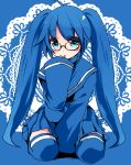  aqua_eyes bespectacled blue_hair blush glasses imaichi_moenai_ko kaisanbutsu kobe_shinbun school_uniform skirt sleeves_past_wrists solo thigh-highs thighhighs twintails zettai_ryouiki 