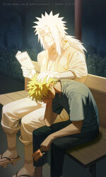  2boys absurdres bench blonde_hair book commentary_request crying facial_mark food forehead_protector ghost hand_on_another's_head hand_on_own_face highres holding holding_book holding_food holding_popsicle jiraiya_(naruto) korean_commentary long_hair male_focus melting_popsicle multiple_boys naruto_(series) naruto_shippuuden on_bench open_book pants platform_sandals popsicle q_q11013 sandals shirt short_hair short_sleeves sitting spiky_hair uzumaki_naruto whisker_markings 