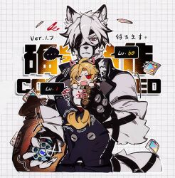  ... 2boys anger_vein animal_ear_fluff animal_ears arm_belt belt black_belt black_gloves black_hair blonde_hair body_fur buttons claws collared_vest cropped_legs double-breasted drawn_ears ear_piercing earrings encrypted_master_tape english_text eyepatch fang fingerless_gloves furry furry_male glint gloves grey_eyes grey_vest grid_background hair_between_eyes hand_up heterochromia holding hugo_vlad jewelry long_hair low_ponytail male_focus marusan159 mini_person miniboy multicolored_hair multiple_boys muzzle_(mask) one_eye_covered open_mouth parted_lips piercing polychrome_(zenless_zone_zero) ponytail power_level red_eyes sack shirt short_hair short_sleeves speech_bubble spoken_ellipsis streaked_hair tail tail_belt vest von_lycaon white_background white_fur white_hair white_shirt wolf_boy wolf_ears wolf_tail zenless_zone_zero 
