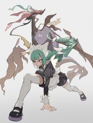  1girl apron black_romper bow braid braided_ponytail colored_sclera daniel_deng dragalge dragon fish green_hair grin hair_bow highres juliet_sleeves leafy_seadragon lebanne_(pokemon) long_hair long_sleeves maid maid_apron maid_headdress open_mouth pokemon pokemon_(creature) pokemon_legends:_z-a puffy_sleeves red_eyes red_sclera romper seahorse shoes simple_background smile teeth thigh-highs white_thighhighs 