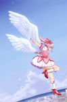  absurdres angel_wings bow bubble_skirt cityscape cloud dress flying gloves hair_bow high_heels highres kaname_madoka kasumi_(pluvieux_tigre) magical_girl mahou_shoujo_madoka_magica misu_kasumi ocean open_mouth pink_eyes pink_hair ribbon shoe_ribbon shoes short_hair short_twintails sky solo twintails wings 