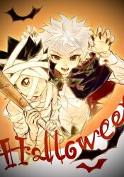  2boys :q alternate_costume baseball_bat black_hair brown_eyes fangs from_above gelb gon_freecss halloween hunter_x_hunter killua_zoldyck looking_at_viewer male_focus multiple_boys orange_background red_pupils short_hair tongue tongue_out vampire_costume white_hair 