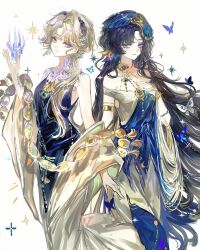  2girls absurdres bare_shoulders beryl_bouanich black_hair blonde_hair blue_butterfly blue_dress blue_eyes blue_veil bug butterfly cowboy_shot crystallization dress evening_gown floating_hair hand_up highres isolde_(reverse:1999) long_hair looking_at_viewer low_ponytail multiple_girls official_alternate_costume ponytail reverse:1999 shawl sleeveless sleeveless_dress sparkle two-tone_dress veil very_long_hair violet_eyes weiyan_(nbnbmwnl) white_background white_dress white_shawl 