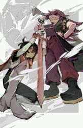  1girl 1other absurdres armlet axe blue_hair blue_skin bracelet cape colored_skin colored_teeth deltarune grin highres holding holding_axe holding_sword holding_weapon jewelry kris_(dark_world)_(deltarune) kris_(deltarune) long_hair mane_ax_(deltarune) noppo_(nopon) pink_cape pink_hair planted planted_sword reptile_girl smile spiked_armlet squatting susie_(dark_world)_(deltarune) susie_(deltarune) sword titan_(deltarune) utdr_(toby_fox) weapon wood_blade_(deltarune) yellow_teeth 