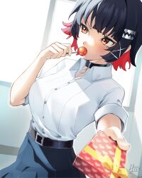  1girl absurdres averting_eyes belted_skirt black_hair blue_skirt blush camus_(luthfancamus) candy colored_inner_hair ellen_joe ellen_joe_(on_campus) food gift highres holding holding_candy holding_food holding_lollipop incoming_gift indoors lollipop mole mole_under_eye multicolored_hair no_tail official_alternate_costume orange_eyes pendant_choker razor_blade_hair_ornament shark_girl shirt short_hair signature skirt sleeves_rolled_up solo upper_body v-shaped_eyebrows valentine white_shirt window zenless_zone_zero 