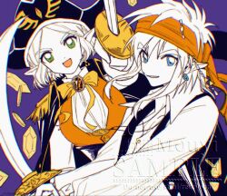  1boy 1girl artist_name beads black_jacket black_vest blue_eyes bow bowtie breasts coin collared_shirt crystal earrings epaulettes gem gold_coin green_eyes hair_beads hair_between_eyes hair_ornament hat headband highres holding holding_sword holding_weapon jacket jacket_on_shoulders jewelry link long_hair medallion medium_breasts mouyi open_mouth orange_headband orange_vest parted_bangs parted_lips pendant pirate_costume pirate_hat pointy_ears princess_zelda purple_background red_gemstone sample_watermark shirt short_hair sidelocks smile sword the_legend_of_zelda the_legend_of_zelda:_breath_of_the_wild tricorne vest watermark weapon white_shirt yellow_bow yellow_bowtie 