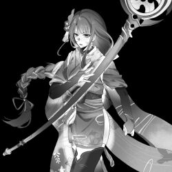  1girl alternate_costume artist_request beaten black_background blunt_bangs braid bridal_gauntlets bruise bruise_on_face bruise_on_hand chinese_commentary clenched_hand commission electro_symbol_(genshin_impact) flower_ornament genshin_impact hair_ornament hair_ribbon highres holding holding_polearm holding_weapon injury japanese_clothes kimono long_braid looking_to_the_side mitsudomoe_(shape) mole mole_under_eye monochrome multicolored_hair parted_lips polearm raiden_shogun ribbon sash second-party_source shade simple_background single_braid sleeves_rolled_up solo standing streaked_hair thigh-highs tomoe_(symbol) upper_body weapon 