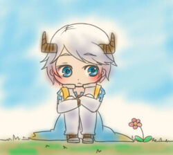  1boy :&lt; akari-tkn arch_bishop_(ragnarok_online) blue_coat blue_eyes blush brown_horns chibi chibi_only closed_mouth coat commentary_request expressionless flower full_body grey_hair horns looking_to_the_side lowres male_focus pants pink_flower ragnarok_online short_hair sitting solo white_pants 