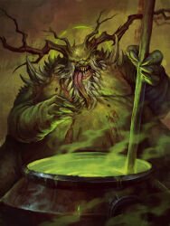  1boy beard body_horror cauldron chaos_(warhammer) chaos_god colored_skin damaged_skin decay decaying_skin demon_horns divine_entity drooling extra_teeth facial_hair fantasy fingernails garden_of_nurgle green_eyes green_halo green_skin green_theme halo heresy highres holding holding_ladle horns klaher_baklaher ladle long_sideburns long_tongue miasma nurgle open_mouth rotting saliva sharp_fingernails sharp_teeth sideburns teeth tongue warhammer_40k white_beard white_hair 