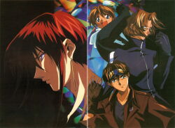  1990s_(style) 4boys absurdres black_hair brown_eyes brown_hair claw_(weapon) fujimiya_ran gloves goggles goggles_on_head hidaka_ken highres hood hoodie jacket kudou_youji magazine_scan male_focus multiple_boys non-web_source official_art open_mouth red_hair retro_artstyle scan short_hair smile sunglasses tsukiyono_omi violet_eyes weapon weiss_kreuz 